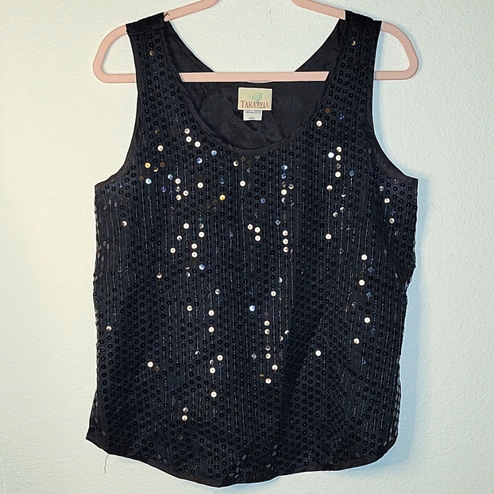VINTAGE TARAZZIA Black Sequin Sleeveless Top, Large, VGUC